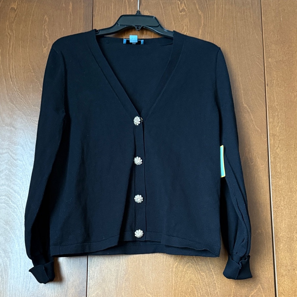 CeCe Rhinestone Snap Front Black Knit Cardigan Lightweight V Neck Sz Sm Repair*